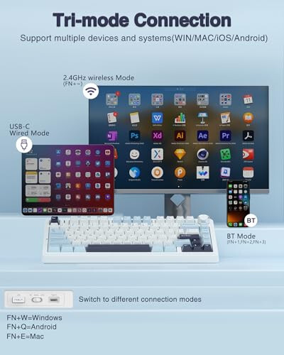AULA F75 75% Kablosuz Mekanik Klavye, Contalı Sıcak Değiştirilebilir Özel Klavye, Önceden Yağlanmış Reaper Anahtarları RGB Arka Aydınlatmalı Oyun Klavyesi, 2.4GHz/Type-C/BT5.0 Mekanik Klavye (Beyaz & Mavi) - 3