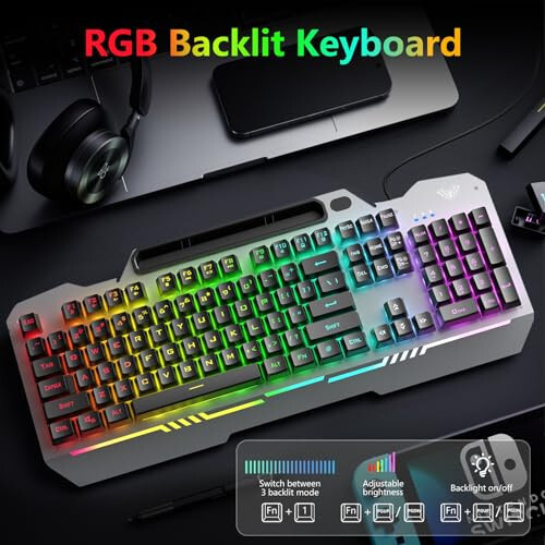 AULA Keyboard, T102 104 Keys Gaming Keyboard and Mouse Combo with RGB Backlit Quiet Computer Keyboard, All-Metal Panel, Waterproof Light Up PC Keyboard, USB Wired Keyboard Gaming for MAC Xbox PC Gamer - 2