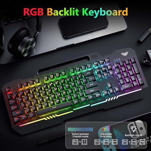 AULA Oyun Klavyesi, T102 104 Tuşlu Oyun Klavyesi ve Fare Kombosu, RGB Arkaplan Aydınlatmalı, Tamamen Metal Panel, Hayalet Önleme, PC Oyun Klavyesi ve Faresi, USB Kablolu Klavye Fare Mac Xbox PC Oyuncuları İçin - 2