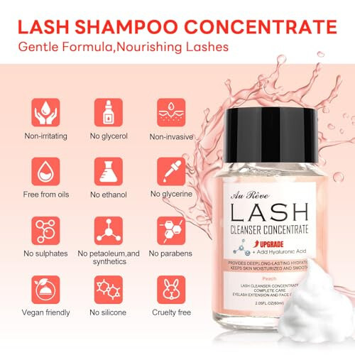 AuReve Lash Shampoo Concentrate 60ml Lash Cleanser Concentrate Add Hyaluronic Acid Oil-Free Lash Extension Shampoo Perfect for Salon，Peach - 2