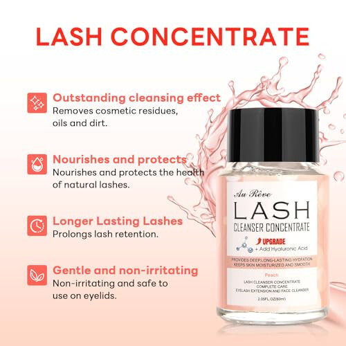 AuReve Lash Shampoo Concentrate 60ml Lash Cleanser Concentrate Add Hyaluronic Acid Oil-Free Lash Extension Shampoo Perfect for Salon，Peach - 4