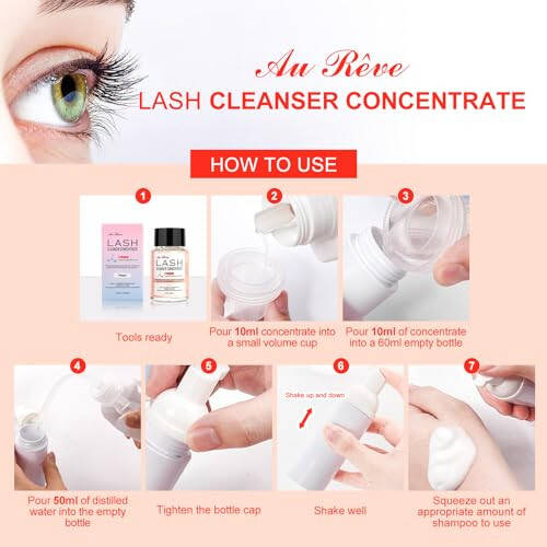 AuReve Lash Shampoo Concentrate 60ml Lash Cleanser Concentrate Add Hyaluronic Acid Oil-Free Lash Extension Shampoo Perfect for Salon，Peach - 6