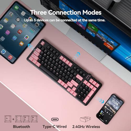 AUSDOM 98Pro Silent Wireless Mechanical Keyboard, Tri-Mode Bluetooth/2.4GHz/Type-C Hot Swappable Custom Keyboard with Backlit, Gasket Structure, Pre-lubed Tactile Switches (Black & Pink - Silent) - 15