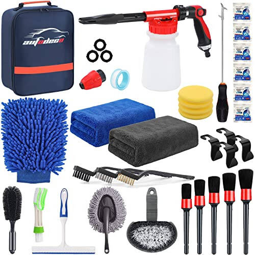 AUTODECO 33Pcs Car Wash Detailing Kit Cleaning Kits with Foam Gun Sprayer Brush Large Wash Mitt Towels Complete Interior Exterior Car Washing Supply Set Blue - 1