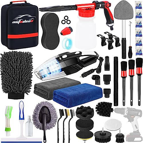 AUTODECO 40Pcs Car Wash Detailing Kit Cleaning Kits with Foam Gun Sprayer High Power Handheld Vacuum Drill Brush Large Wash Mitt Towels Complete Interior Exterior Car Washing Supply Set Black - 1