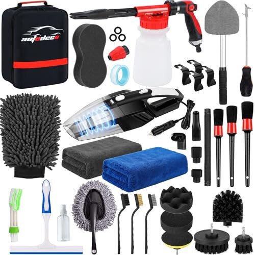 AUTODECO 40Pcs Car Wash Detailing Kit Cleaning Kits with Foam Gun Sprayer High Power Handheld Vacuum Drill Brush Large Wash Mitt Towels Complete Interior Exterior Car Washing Supply Set Black - 8