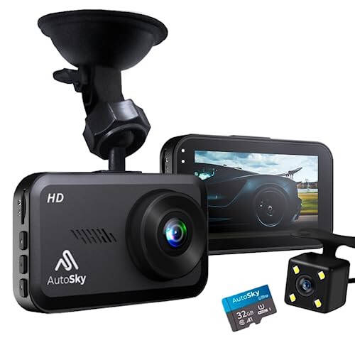 AutoSky Dash Cam Front and Rear - Dash Camera for Cars Mini Dash Cam Full HD with 32GB Memory Card, 3 inch IPS Screen, Accident Lock, Loop Recording, Parking Monitor, Motion Detection - 1