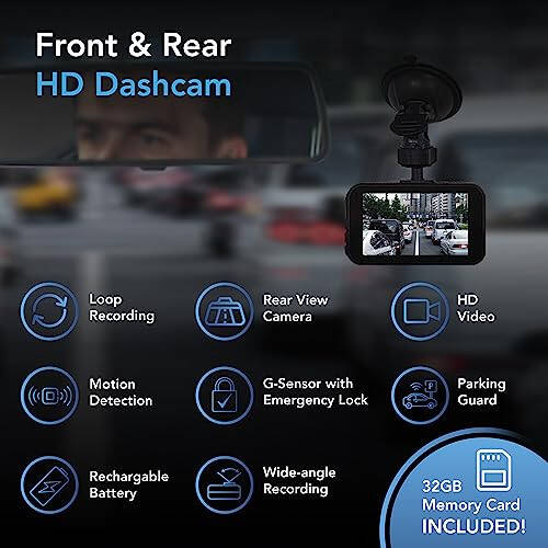 AutoSky Dash Cam Front and Rear - Dash Camera for Cars Mini Dash Cam Full HD with 32GB Memory Card, 3 inch IPS Screen, Accident Lock, Loop Recording, Parking Monitor, Motion Detection - 6