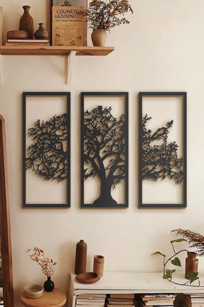 Autumn End 3 Piece Black Plane Tree Wooden Table Decoration Living Room Office Design Leaf Decorative - 6