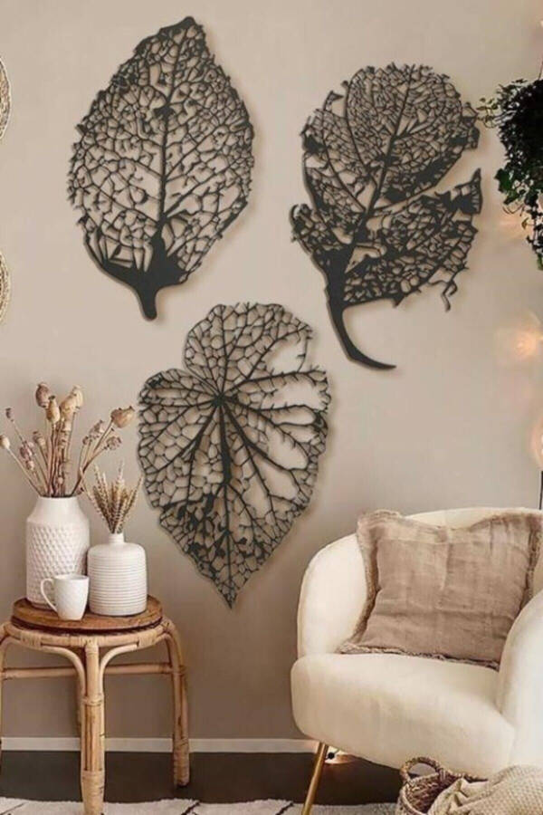 Autumn Leaf 3 Piece Black Wooden Wall Art Large Size Decoration Living Room Office Stylish Design Leaf Decorative - 2