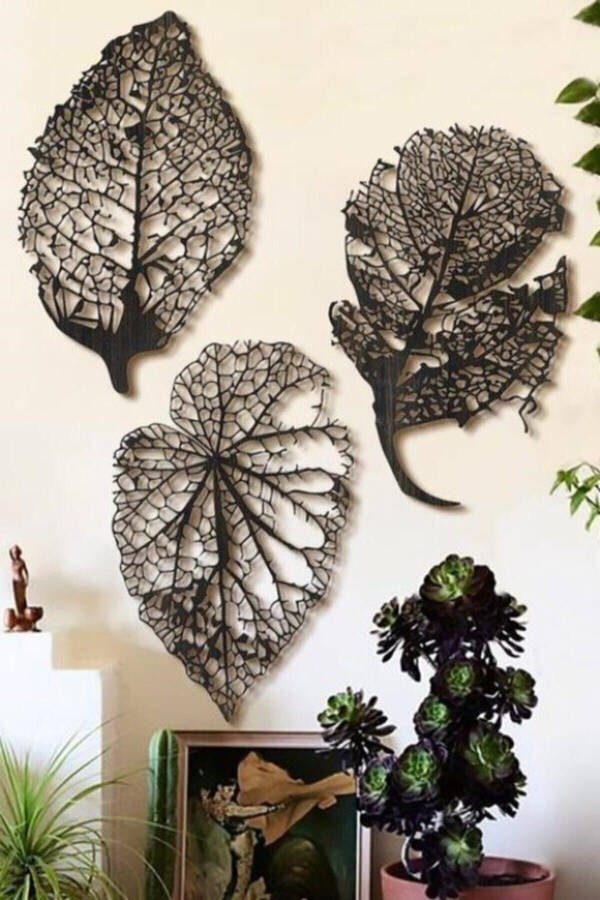 Autumn Leaf 3 Piece Black Wooden Wall Art Large Size Decoration Living Room Office Stylish Design Leaf Decorative - 4