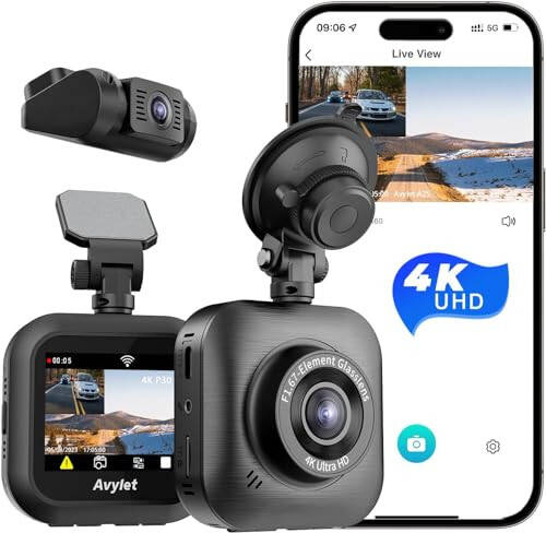 Avylet Dash Cam Front and Rear, 4K/1080P Wi-Fi Dash Camera for Cars, Dual Dashboard Camera with APP, IPS Screen, Super Night Vision, WDR, 24H Parking Mode, 170° Wide Angle, G-Sensor, Loop Recording - 1