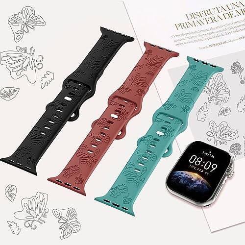 Ayollar uchun 3 dona zamonaviy gulli o'yma aqlli soat kamarlari, bardoshli yumshoq silikon iWatch kamarlari Apple Watch seriyasi 44mm 40mm 38mm 41mm 45mm 49mm 42mm Ultra 2 SE 9-1 bilan mos keladi - 9