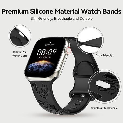 Ayollar uchun 3 dona zamonaviy gulli o'yma aqlli soat kamarlari, bardoshli yumshoq silikon iWatch kamarlari Apple Watch seriyasi 44mm 40mm 38mm 41mm 45mm 49mm 42mm Ultra 2 SE 9-1 bilan mos keladi - 10