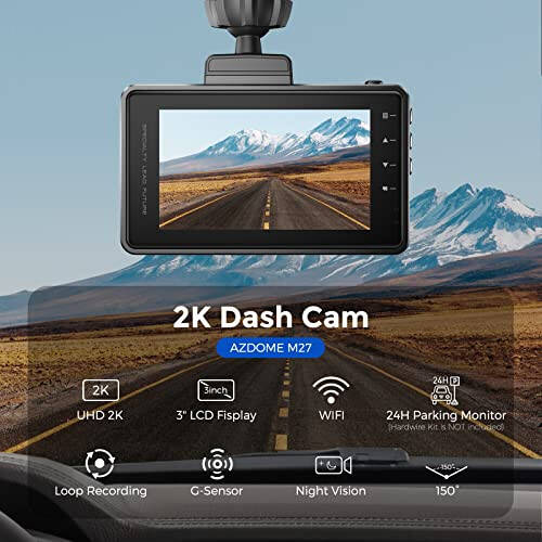 AZDOME 2K Dash Cam, o‘rnatilgan WiFi, QHD 2560x1440P o‘lchamdagi boshqaruv paneli kamerasi, M27 Avtomobil kamerasi, 3 dyuymli ekranli mashina kameralari, WDR, tungi ko‘rish, to‘xtash monitori, G-sensor - 2