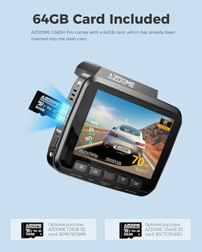 AZDOME 4K Dash Cam Спереди и Сзади, 2160P Автомобильная Камера, Карта на 64 ГБ В комплекте, WiFi Dash Cam с GPS и Скоростью, 2.4