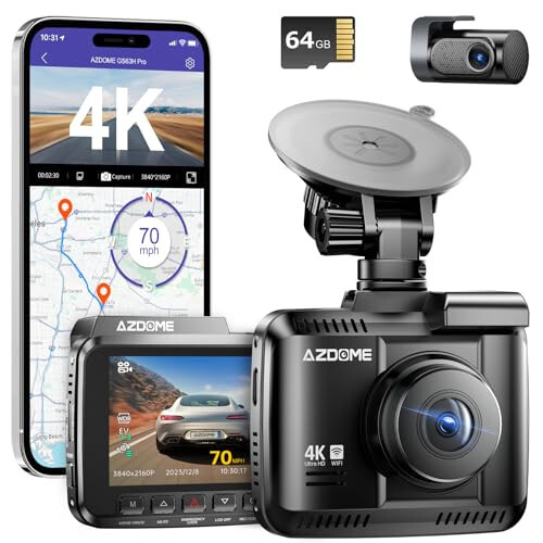 AZDOME 4K Ön ve Arka Dash Cam, 2160P Araç Kamerası, 64GB Kart Dahil, WiFi GPS ve Hızlı Dash Cam, 2.4