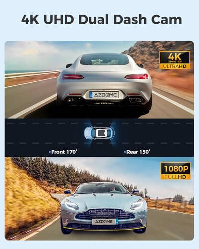 AZDOME 4K Ön ve Arka Dash Cam, 2160P Araç Kamerası, 64GB Kart Dahil, WiFi GPS ve Hızlı Dash Cam, 2.4