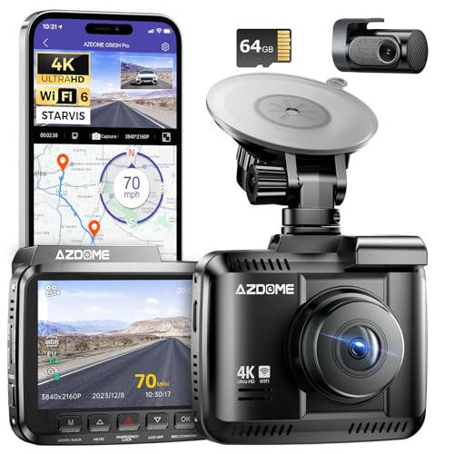 AZDOME 4K Ön ve Arka Dash Cam, 2160P Araç Kamerası, 64GB Kart Dahil, WiFi GPS ve Hızlı Dash Cam, 2.4