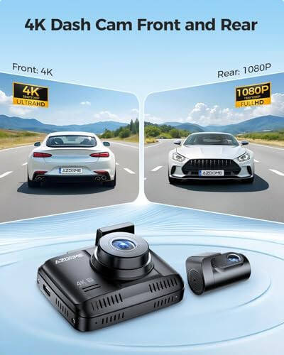 AZDOME 4K Ön ve Arka Dash Cam, 2160P Araç Kamerası, 64GB Kart Dahil, WiFi GPS ve Hızlı Dash Cam, 2.4