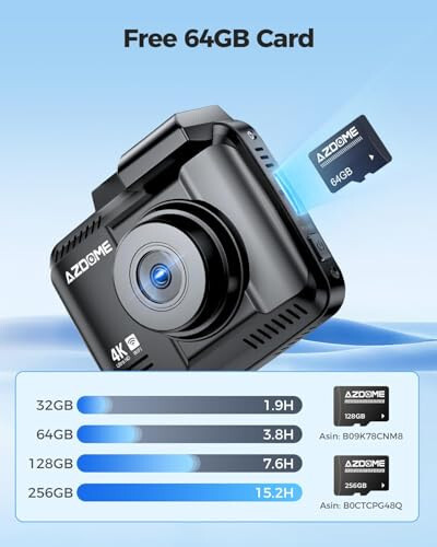 AZDOME 4K Ön ve Arka Dash Cam, 2160P Araç Kamerası, 64GB Kart Dahil, WiFi GPS ve Hızlı Dash Cam, 2.4