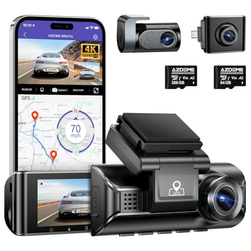 AZDOME 4K WiFi Dash Cam Front and Rear with 256GB SD Card and 1080P Interior Cam Type-C Interface Cabin Camera - 1