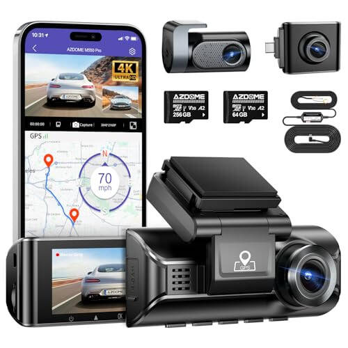 AZDOME 4K WiFi Dash Cam Front and Rear with 256GB SD Card and 1080P Interior Cam Type-C Interface Cabin Camera, 3-Lead Mini USB Hardwire Kit (JYX02) - 1