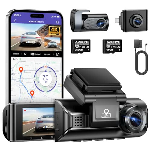 AZDOME 4K WiFi Dash Cam Front and Rear with 256GB SD Card and 1080P Interior Cam Type-C Interface Cabin Camera, Mini USB OBD Hardwire Kit - 1