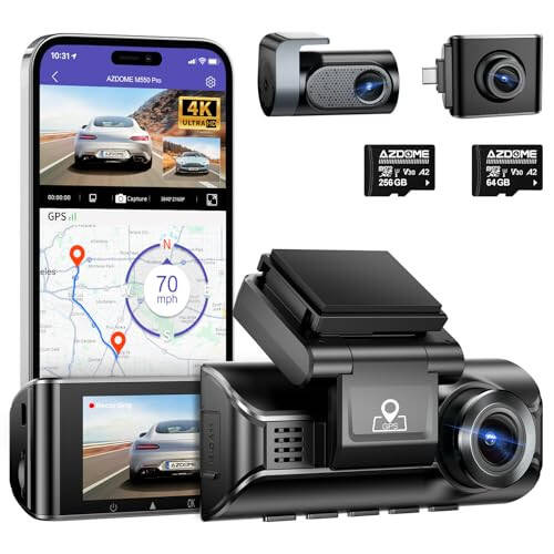 AZDOME 4K WiFi Dash Cam Спереди и Сзади с 256 ГБ SD-картой и 1080P Камерой салона с Интерфейсом Type-C - 1