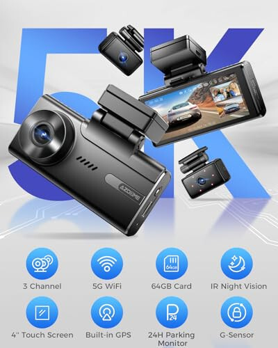 AZDOME 5K 3 Channel Dash Cam, Free 64GB Card, 4