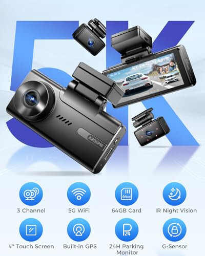 AZDOME 5K 3 Channel Dash Cam, Free 64GB Card, 4