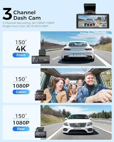 AZDOME 5K 3 Channel Dash Cam, Free 64GB Card, 4