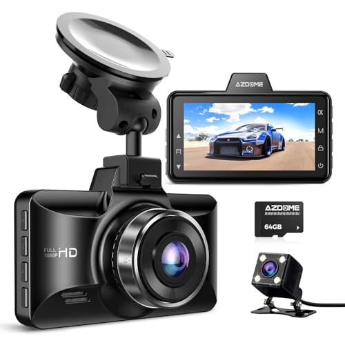 AZDOME Çift Dash Cam Ön ve Arka, 3 inç 2.5D IPS Ekran Ücretsiz 64GB Kart Araba Sürüş Kaydedici, 1080P FHD Gösterge Paneli Kamerası, Su Geçirmez Yedek Kamera Gece Görüşü, Park Monitörü, G-Sensörü, Araba Taksi İçin - 1