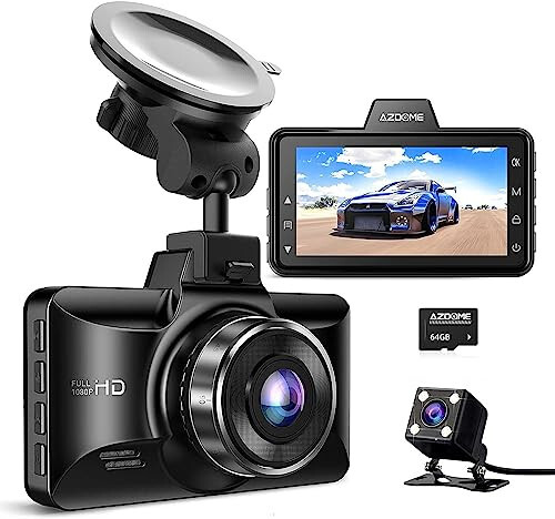 AZDOME Dual Dash Cam Front and Rear, 3 inch 2.5D IPS Screen Free 64GB Card Car Driving Recorder, 1080P FHD Dashboard Camera, Waterproof Backup Camera Night Vision, Park Monitor, G-Sensor, for Car Taxi - 2