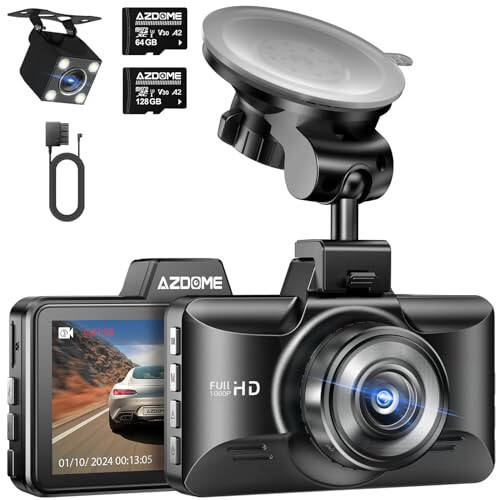 AZDOME Dual Dash Cam with 128GB SD Card and Mini USB OBD Hardwire Kit - 1