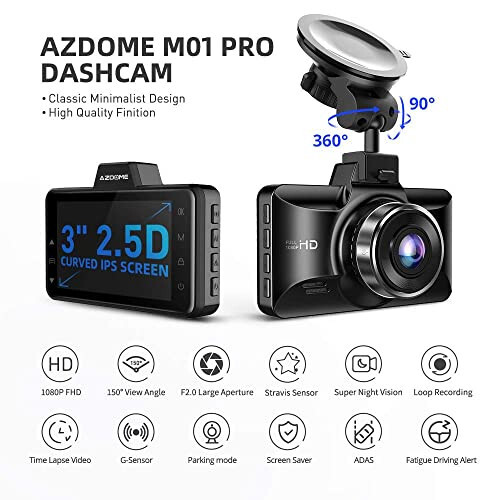 AZDOME Dual Dash Cam with 128GB SD Card and Mini USB OBD Hardwire Kit - 3