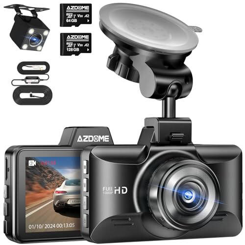 AZDOME M01 Pro Dual Dash Cam with 128GB Card and 3-Lead Mini USB Hardwire Kit (JYX02) - 1