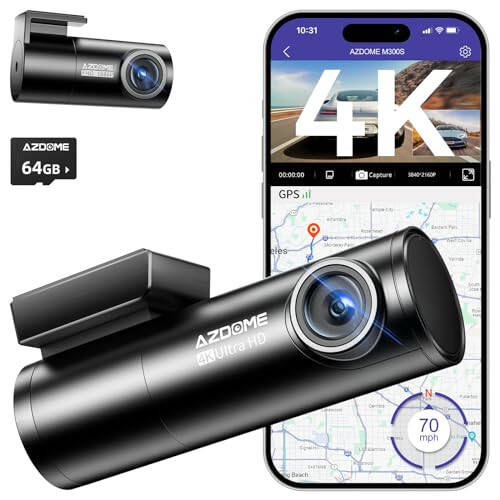 AZDOME M300S Dash Cam Front and Rear 4K, 5.8G WiFi GPS Dash Cam for Cars, 64GB SD Card, 170° Wide Angle, Voice Control, G-Sensor, WDR Night Vision, 24H Parking Monitor, Max Support to 256GB - 1