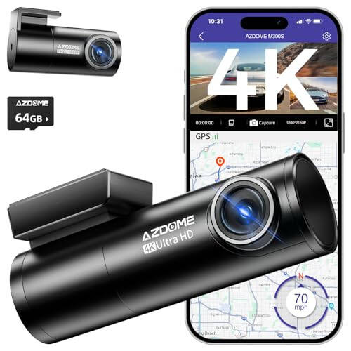 AZDOME M300S Dash Cam Front and Rear 4K, 5.8G WiFi GPS Dash Cam for Cars, 64GB SD Card, 170° Wide Angle, Voice Control, G-Sensor, WDR Night Vision, 24H Parking Monitor, Max Support to 256GB - 3