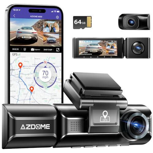 AZDOME M550 3 Kanallı Dash Cam, 4K+1080P Çift Dash Kamera, Araçlar İçin Dahili WiFi GPS, 1440P+1080P+1080P Ön ve Arka İç, 64GB Kart Dahil, 3.19