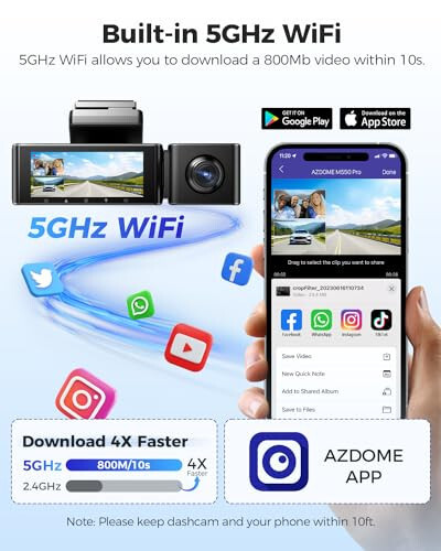 AZDOME M550 Pro 5G WiFi 3 Kanal Dash Cam O'rnatilgan GPS, 64GB Karta ega Avtomobillar Uchun 4K+1080P Ikki Kanal Dash Kamera, 1440P+1080P+1080P Old va Orqa Ichki, 3.19