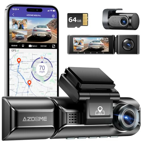 AZDOME M550 Pro 5G WiFi 3 Kanallı Dash Cam Dahili GPS, 64GB Kartlı Arabalar İçin 4K+1080P Çift Dash Kamera, 1440P+1080P+1080P Ön ve Arka İç, 3.19