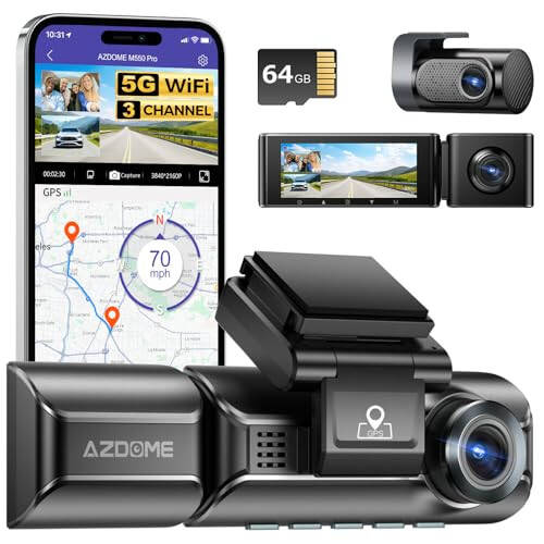 AZDOME M550 Pro 5G WiFi 3 Kanallı Dash Cam Dahili GPS, 64GB Kartlı Arabalar İçin 4K+1080P Çift Dash Kamera, 1440P+1080P+1080P Ön ve Arka İç, 3.19