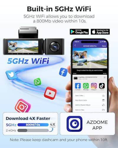 AZDOME M550 Pro 5G WiFi 3 Kanallı Dash Cam Dahili GPS, 64GB Kartlı Arabalar İçin 4K+1080P Çift Dash Kamera, 1440P+1080P+1080P Ön ve Arka İç, 3.19