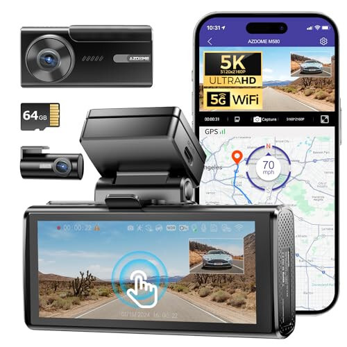 AZDOME M580 5K 5GHz WiFi Dash Cam Front and Rear, Touch Screen 4 Inch, UHD 4K+1080P Car Dash Camera with 64GB Card, Dashboard Camera Built-in GPS, WDR Night Vision, 24H 4 Modes Parking Monitor - 1