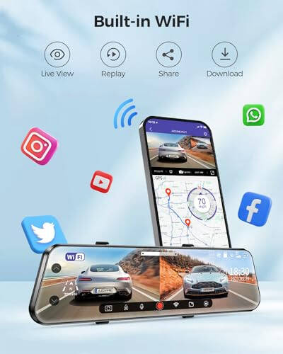 AZDOME PG17 WiFi Geri Görüş Aynası Kamera, 12' Ayna Dash Cam, Çift Kamera 2.5K Ön ve 1080P Arka Kamera Araba İçin, Ücretsiz 64GB TF Kart, Su Geçirmez Yedek Kamera Gece Görüşü, Park Yardımcısı GPS - 2