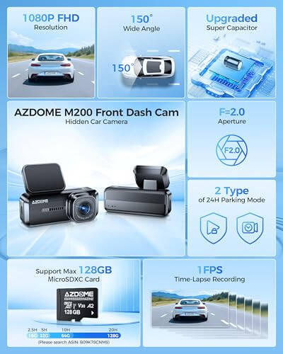 AZDOME WiFi 1080P FHD Dash Camera for Cars, 150° Wide Angle Dash Cam Front, 24H Parking Mode Car Camera with APP G-Sensor Loop Recording Night Vision, Support 128GB Max, Easy to Install, Black - 3