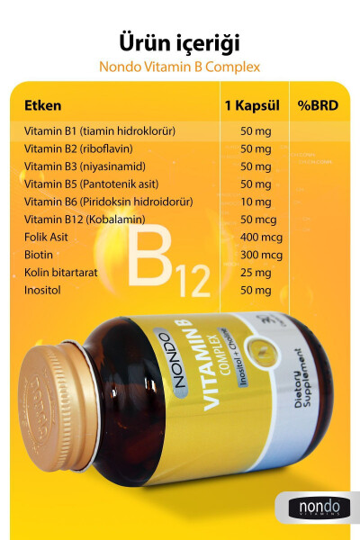 B Kompleks Vitamini 30 Kapsula (B1, B2, B3, B5, B6, B12 Vitaminlari) - 5