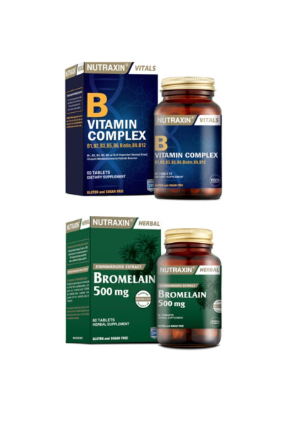 B Vitamin Complex 60 Tablets with B1, B2, B3, B5, B6, B12 + Bromelain Pineapple 60 Capsules - 1