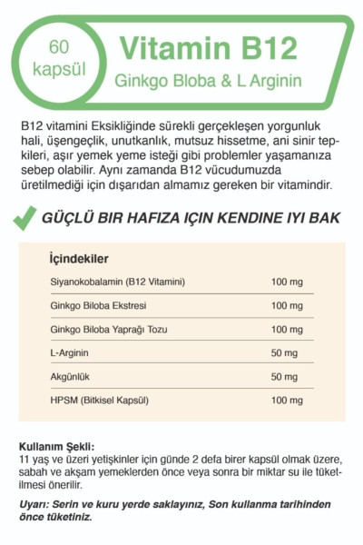 B12 Ginkgo Biloba Ekstresi ve L-arginin 500 Mg x 60 Kapsül - 3